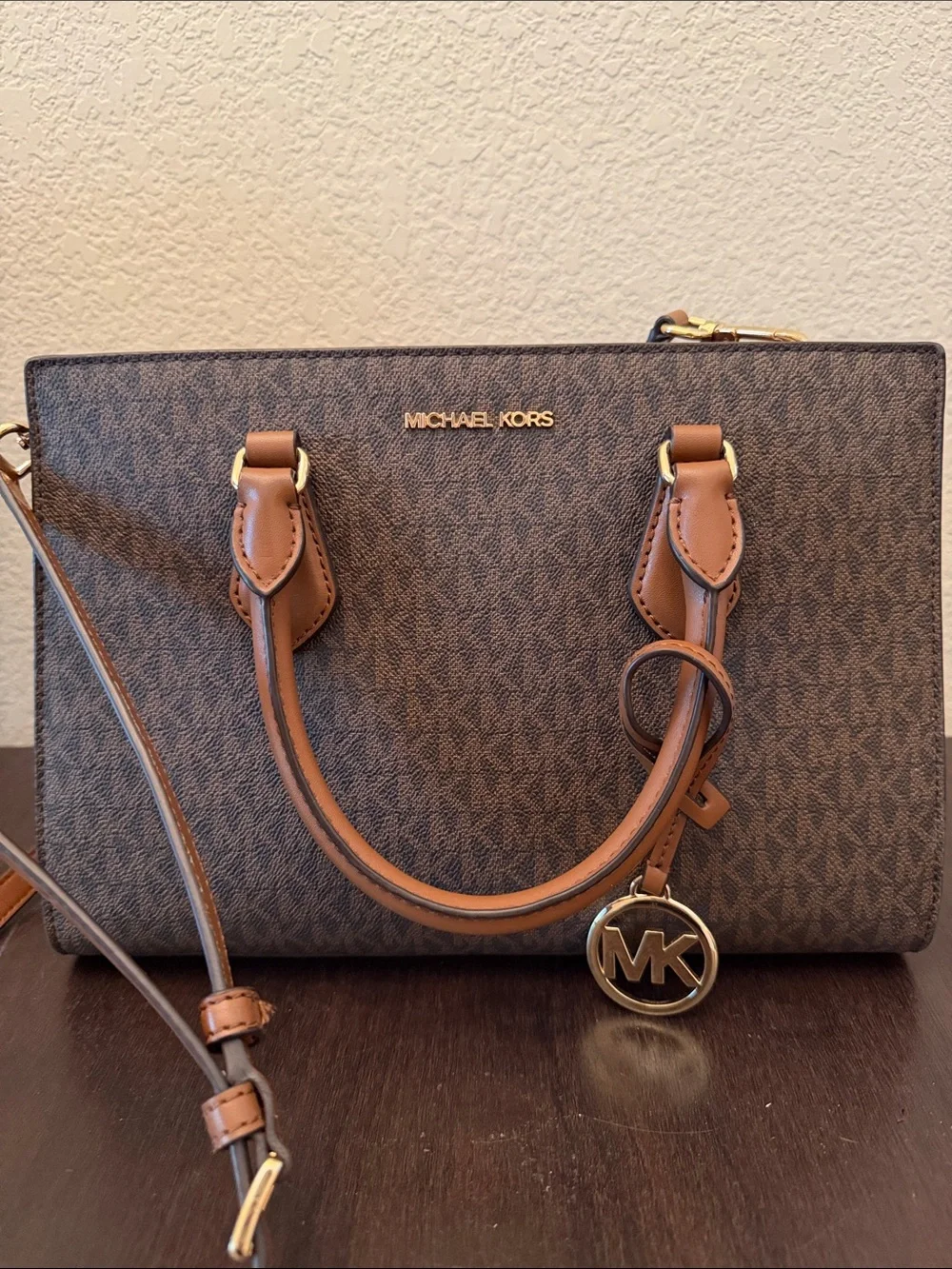 Michael Kors Brown Logo Satchel with Gold Hardware